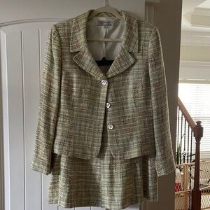 Tahari Cream and Tan Tweed Blazer and Skirt Set